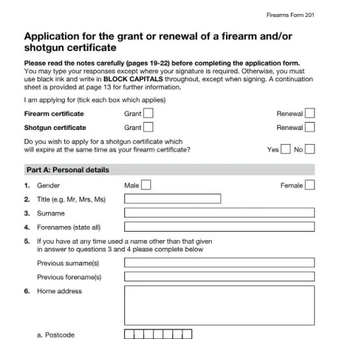 Document preview: Guide to Firearm and Shotgun Certificate Applications in the UK — Legal & justice (Form 201)