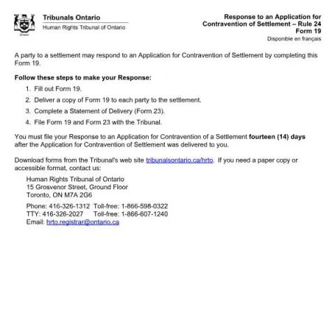 Document preview: Understanding Form 19: Responding to Settlement Contravention Claims (English / French) — Legal & justice (Form 19)