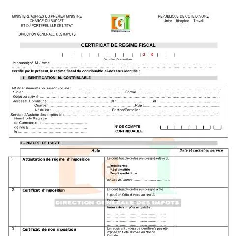 Aperçu du document Comprendre le Certificat de Régime Fiscal en Côte d'Ivoire — Impôts & fiscalité
