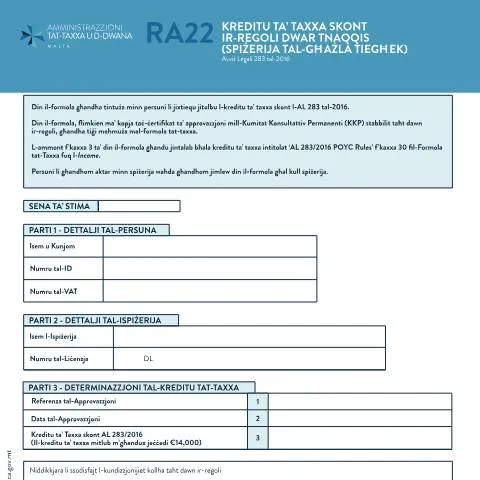Document preview: Unlock Tax Credits with the RA22 Form in Malta — Taxes (CERFA n°ra22--tax-credit-in-terms-of-the-deductions-and-tax-credits-)