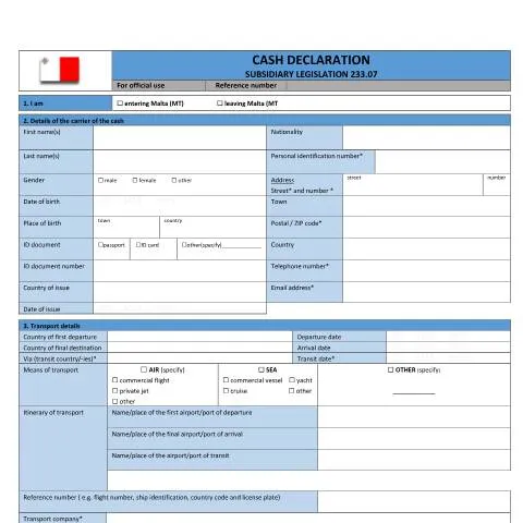 Document preview: Understanding the Cash Declaration Process for Malta Travelers — Taxes (CERFA n°cash-declaration-form---eu)