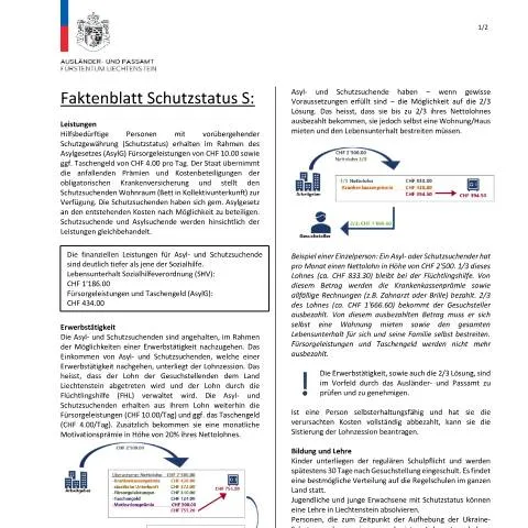 Dokumentvorschau: Wichtige Informationen zum Schutzgewährung S-Status in Liechtenstein — Behörden & Verwaltung (CERFA n°faktenblatt-schutzgewaehrung-s-status)