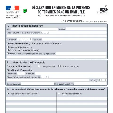 Aperçu du document Comment déclarer une infestation de termites avec le formulaire — Logement (CERFA n°12010*02)