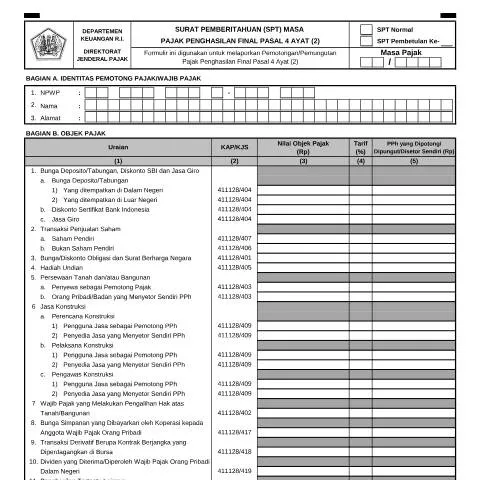 Document preview: Panduan Lengkap SPT Masa PPh Final Pasal 4 Ayat (2) — Pajak & perpajakan (CERFA n°ID-DJP-SPT-Masa-PPh-4-ayat-2)