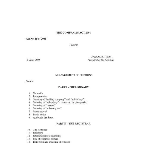 Document preview: Overview of the Companies Act 2001 of Mauritius — Business (CERFA n°Companies-Act-200101-09-25)