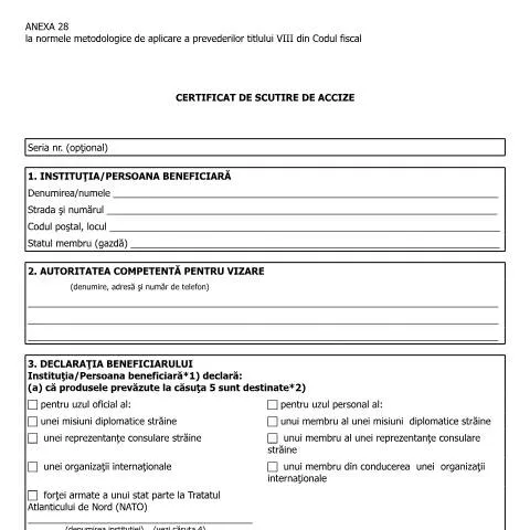 Document preview: Anexa 28: Certificatul de scutire de accize în România — Impozite & fiscalitate (CERFA n°A28_NMT8CF)