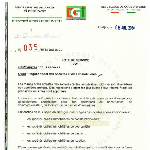 Aperçu du document Clarifications sur le régime fiscal des SCI en Côte d'Ivoire — Démarches administratives