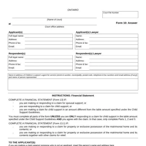 Document preview: Understanding Form 10: Answer in Ontario Family Law Cases — Legal & justice (FLR 10)