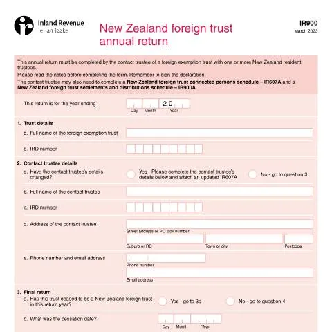 Document preview: Navigating the IR900: New Zealand Foreign Trust Annual Return — Taxes (CERFA n°IR900)