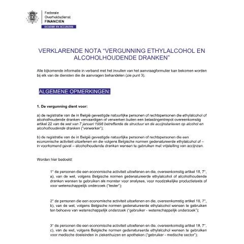 Aperçu du document Comprendre la Verklarende nota pour l'éthylalcool — Démarches administratives (CERFA n°Verklarende-nota-vergunning-ethylalcohol-alcoholhoudende-dranken-010525)