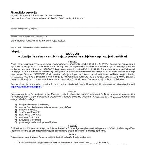 Document preview: Važnost Ugovora Aplikacijskih Certifikata za Poslovne Subjekte — Administrativni postupci (CERFA n°UgovorAplikacijskieIDAS_OSPD)