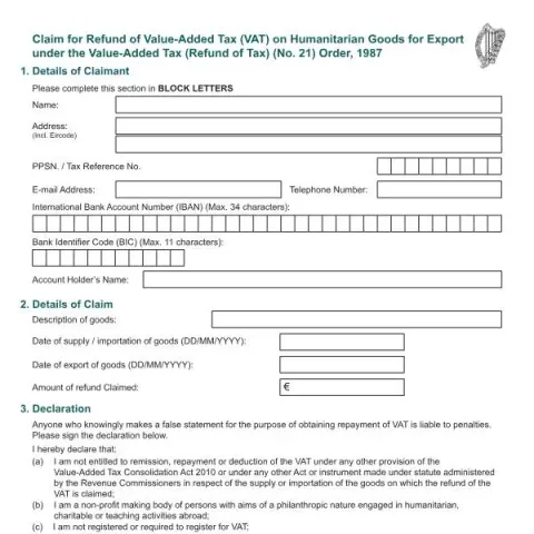 Document preview: How to Complete the VAT 73 Form for Humanitarian Goods Export — Taxes (VAT 73)