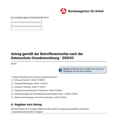 Dokumentvorschau: Antrag auf Betroffenenrechte nach DSGVO bei der Agentur für Arbeit — Digitales & Datenschutz (antrag-betroffenenrechte-nach-dsgvo)