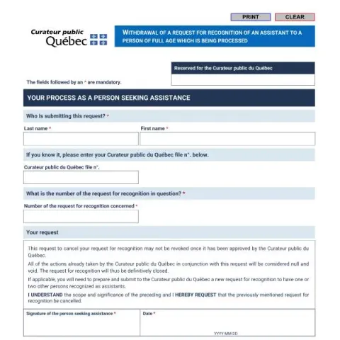 Document preview: How to Cancel a Recognition Request for an Adult in Quebec — Legal & justice (MAST-APSA-DRA (11-2021))
