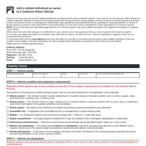 Document preview: Guide to Adding a Related Owner to Your Collector Vehicle with ICBC — Vehicle & driving (MV1425E)