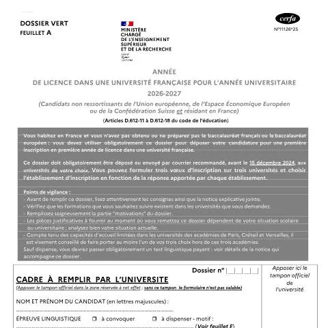 Aperçu du document Admission préalable en université : tout savoir sur le dossier vert — Études & formation (CERFA n°11126*25)
