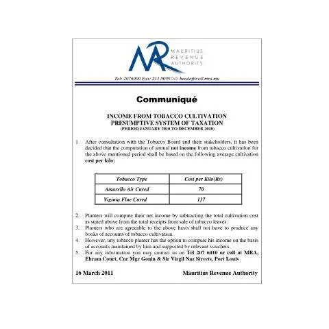 Document preview: Official Notice on Tobacco Taxation in Mauritius — Taxes (CERFA n°CommuniqueTobacco16032011)