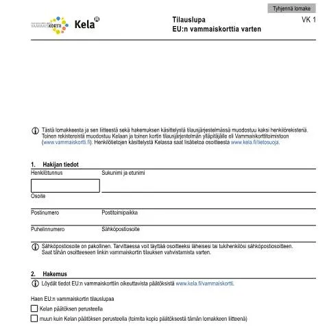 Document preview: EU:n vammaiskortin tilaaminen ja Tilauslupa Kela VK 1 — Hallinnolliset asiat (CERFA n°Kela VK 1)