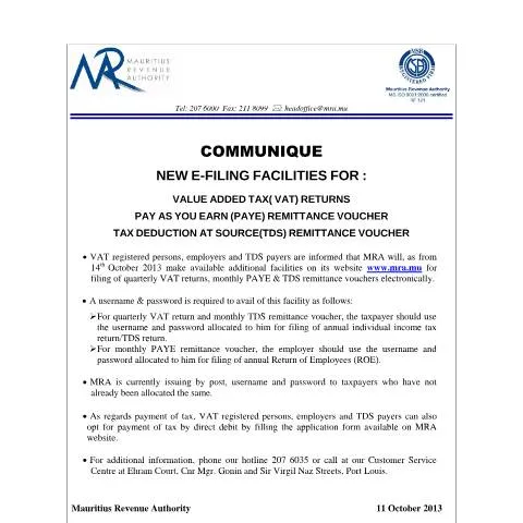 Document preview: Mauritius Revenue Authority Announces New E-Filing Options — Government & admin (eservicesCommunique)