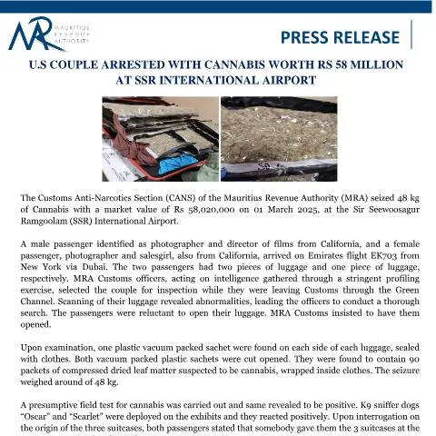 Document preview: Details on the Arrest of U.S. Couple at SSR Airport — Government & admin (PRelease58M)