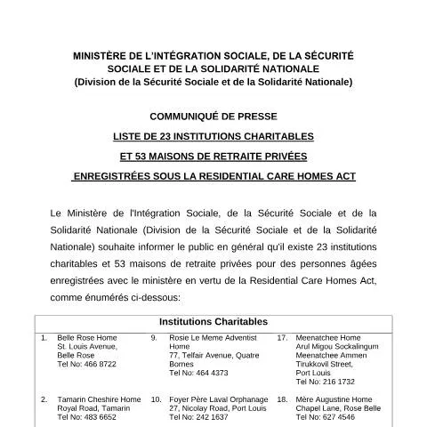 Document preview: Explore Charitable and Retirement Services in Mauritius — Government & admin (LISTE-DE-23-INSTITUTIONS-CHARITABLES-ET-53-MAISONS-DE-RETRAITE-PRIVEES)