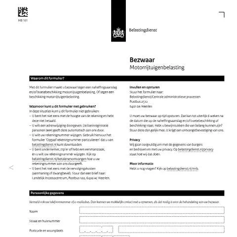 Documentvoorvertoning: Indienen van bezwaar tegen motorrijtuigenbelasting — Belastingen (CERFA n°mb1011z22fol)