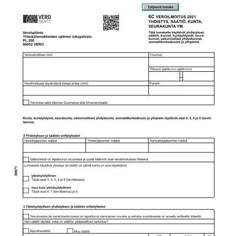 Document preview: Yhdistysten ja säätiöiden verotuksen keskeinen lomake 6C — Verot & verotus (CERFA n°Vero 3067)