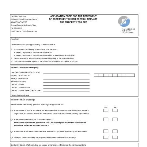 Document preview: Understanding the Land Assessment Deferment Application for Singapore — Property & real estate (CERFA n°APPLICATION-FORM---LAND-ASSESSMENT-DEFERMENT(1))