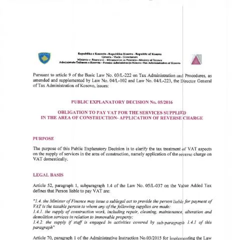 Document preview: Udhëzues publik mbi TVSH për shërbimet në ndërtim në Kosovë — Procedura administrative