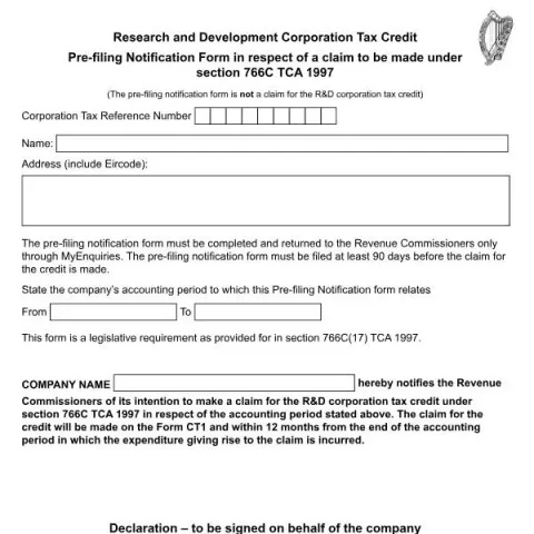 Document preview: Research and Development Tax Credit Pre-filing Notification Form — Taxes (766C)