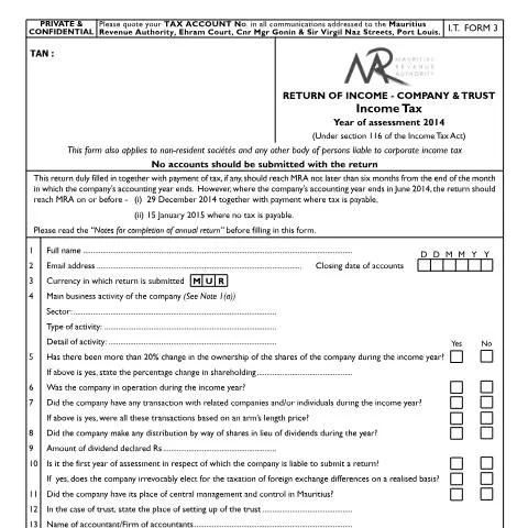 Document preview: Understanding the Importance of I.T Form 3 for Companies in Mauritius — Taxes (CERFA n°20140120_IT033A)