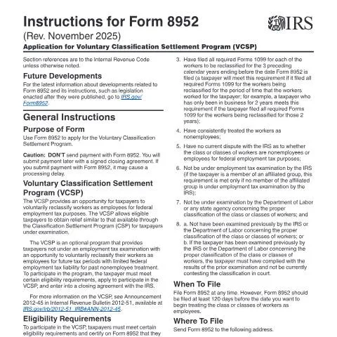 Document preview: Mastering IRS Form 8952 for Accurate Worker Classifications — Taxes (CERFA n°INST-8952)