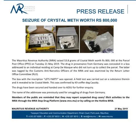 Document preview: Implications of Crystal Meth Seizure on Public Safety in Mauritius — Government & admin (CERFA n°PressRelease210519)