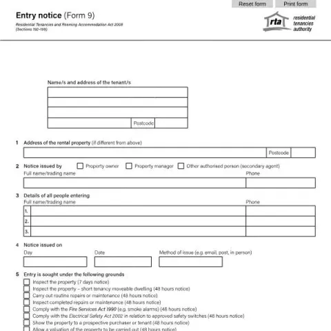 Document preview: Guide to Entry Notice (Form 9) for Australian Rentals — Housing (Form 9)
