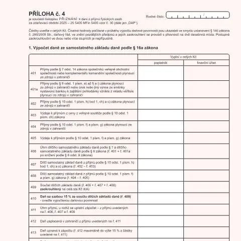 Document preview: Jak vyplnit Přílohu č. 4 k Přiznání k dani z příjmů fyzických osob — Daně a fiskální záležitosti (CERFA n°25 5405/P4)