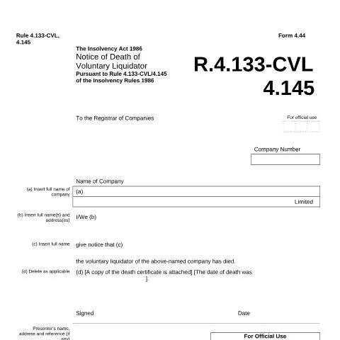 Document preview: Understanding Form 4.44: Voluntary Liquidator's Death Notice — Government & admin