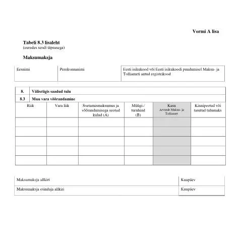 Document preview: Tabeli lisa 8.3 lisaleht ja selle tähtsus — Maksud ja maksustamine (CERFA n°VORM A TABEL 8.3 LISALEHT)