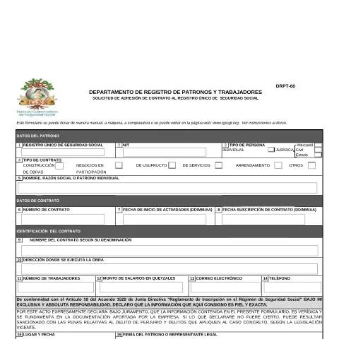 Vista previa del documento Solicitud de Adhesión al Registro Único de Seguridad Social IGSS — Trámites administrativos (CERFA n°DRPT-66)