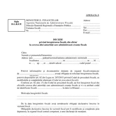 Document preview: Înregistrarea fiscală prin Decizia OPANAF 2430/2025 — Impozite & fiscalitate (CERFA n°A6_OPANAF_2430_2025)