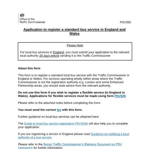 Document preview: How to Register Your Local Bus Service Using PSV350 Form — Government & admin