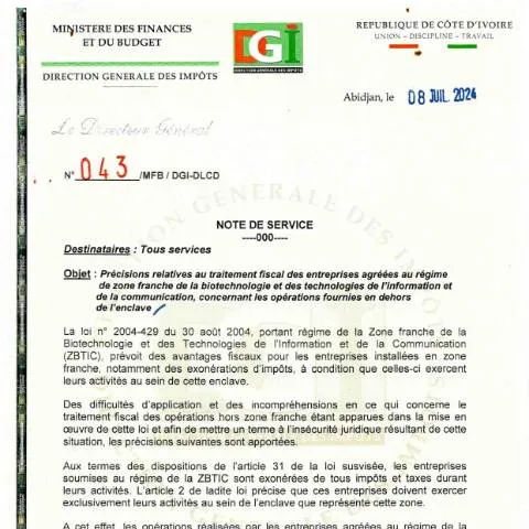 Aperçu du document Comprendre la Note de Service 0043 0001 sur la Zone Franche — Démarches administratives