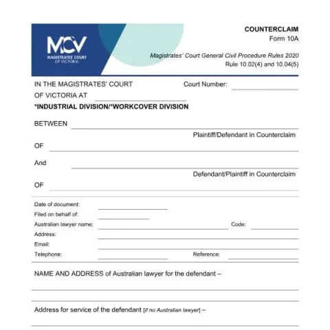 Document preview: Counterclaim Form 10A for Magistrates' Court of Victoria — Legal & justice (10A)