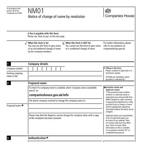 Document preview: How to Change Your Company Name Using NM01 Form — Business