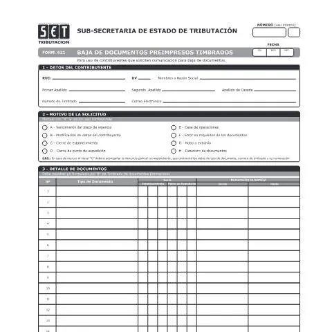 Vista previa del documento Formulario RUC 621 para baja de documentos en Paraguay — Trámites administrativos