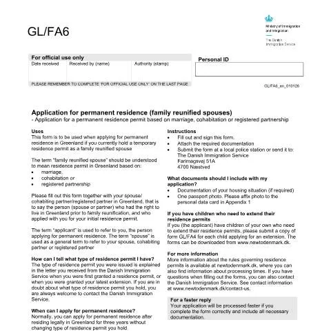 Document preview: Guide til ansøgning om permanent opholdstilladelse i Grønland — Familie