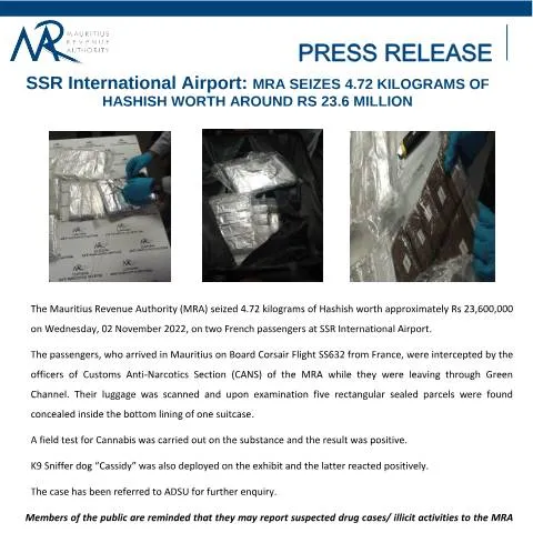 Document preview: Understanding Drug Trafficking Concerns at SSR International Airport — Government & admin (PressReleaseHashish071122)