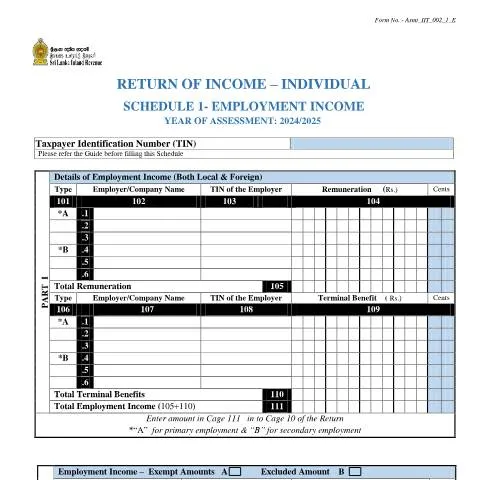 Document preview: Navigating the Schedules to Return of Income in Sri Lanka — Taxes (CERFA n°Asmt_IIT_002_2024)
