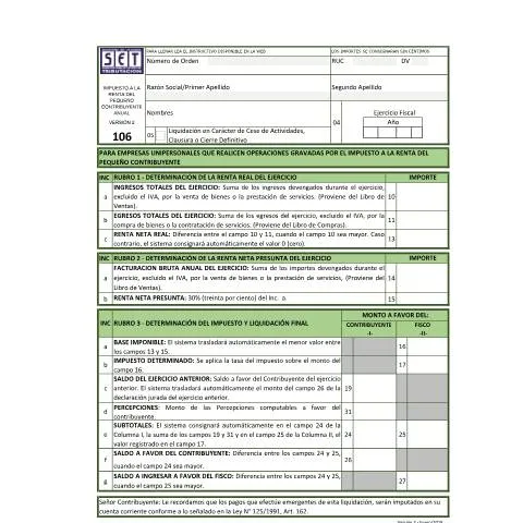 Vista previa del documento Guía práctica para completar el formulario N° 106 en Paraguay — Impuestos (CERFA n°F106)