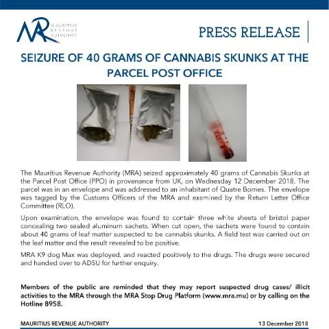 Document preview: Understanding the Cannabis Seizure at the Mauritius Parcel Post Office — Government & admin (PressReleaseCannabis131218)