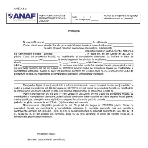 Document preview: Rolul Crucial al Invitației OPANAF 2117/2018 în Fiscalitate — Formalități administrative (CERFA n°A6_OPANAF_2117_2018)